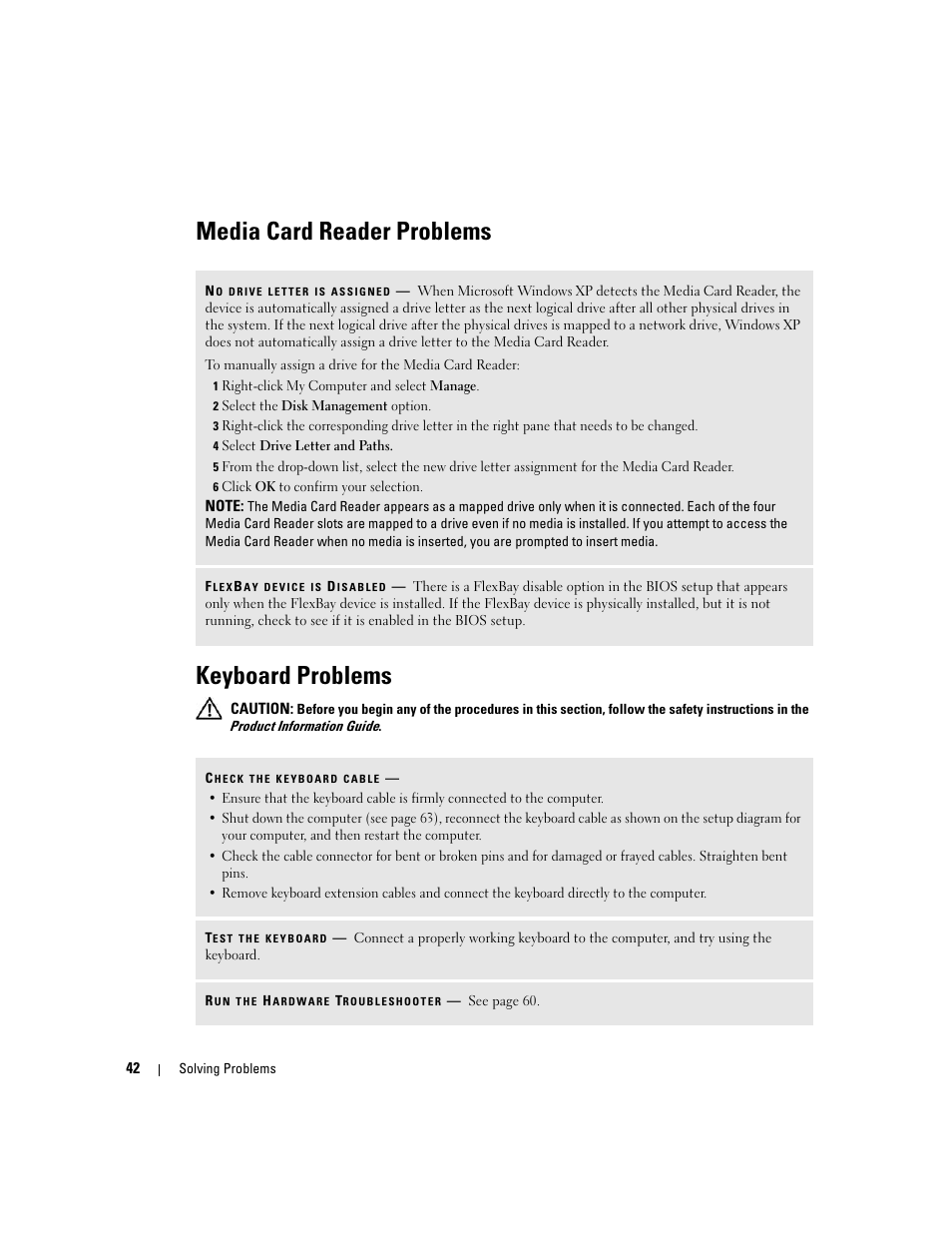 Media card reader problems, Keyboard problems, Media card reader problems keyboard problems | Dell Dimension 9150/XPS 400 User Manual | Page 42 / 148
