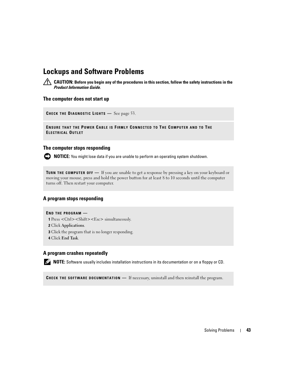 Lockups and software problems, The computer does not start up, The computer stops responding | A program stops responding, A program crashes repeatedly | Dell Dimension 9150/XPS 400 User Manual | Page 43 / 148