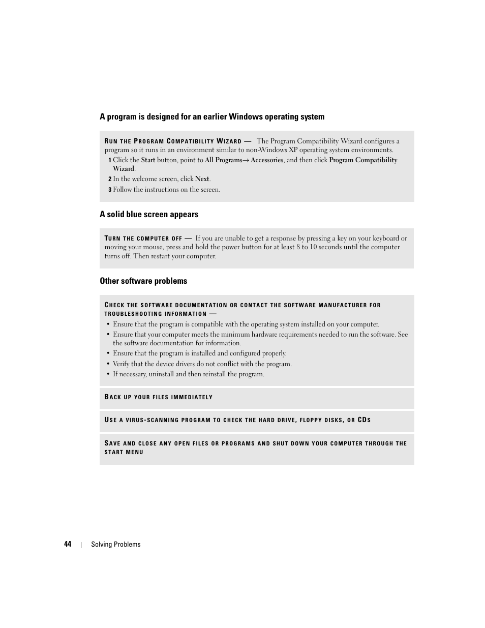 A solid blue screen appears, Other software problems | Dell Dimension 9150/XPS 400 User Manual | Page 44 / 148