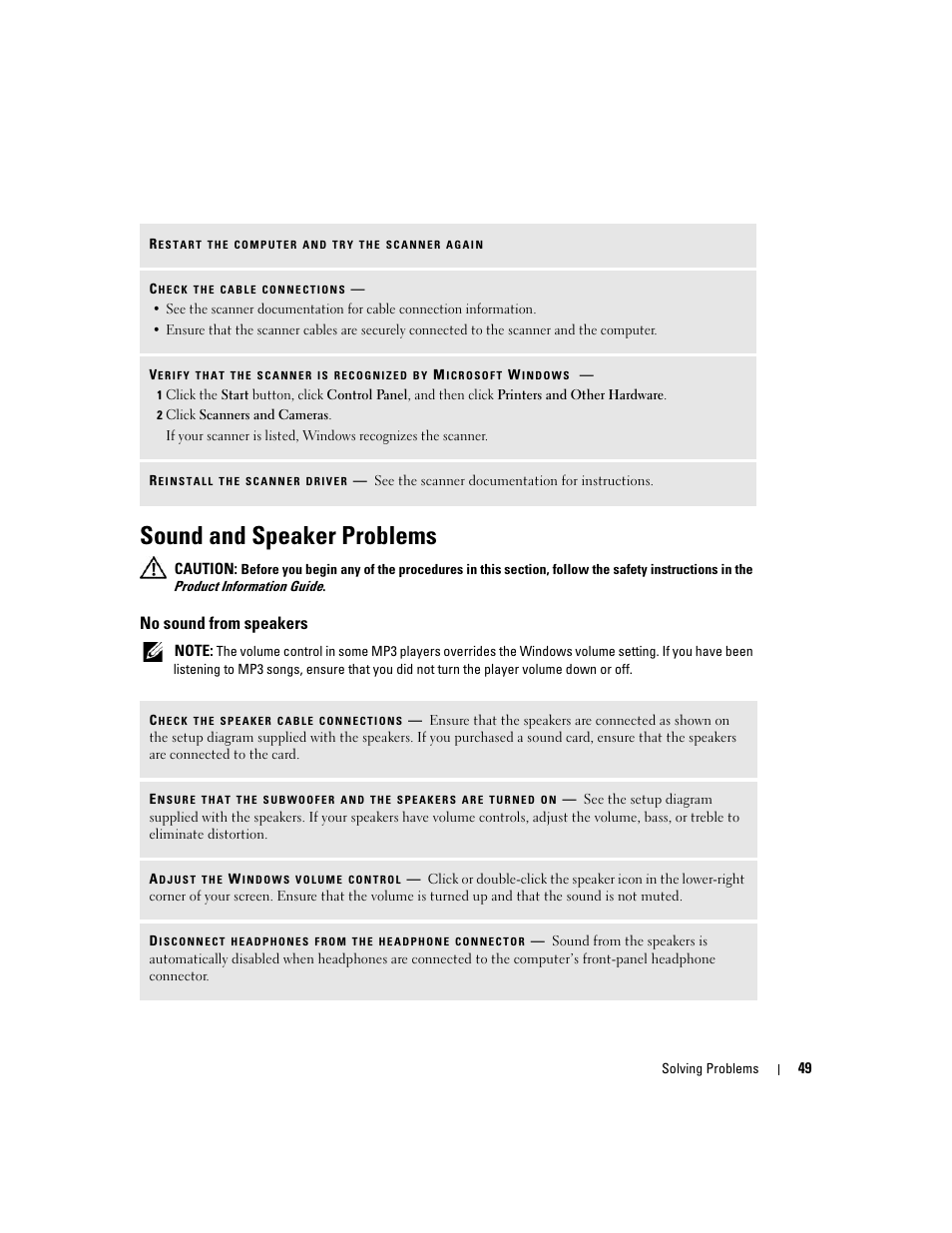 Sound and speaker problems, No sound from speakers | Dell Dimension 9150/XPS 400 User Manual | Page 49 / 148