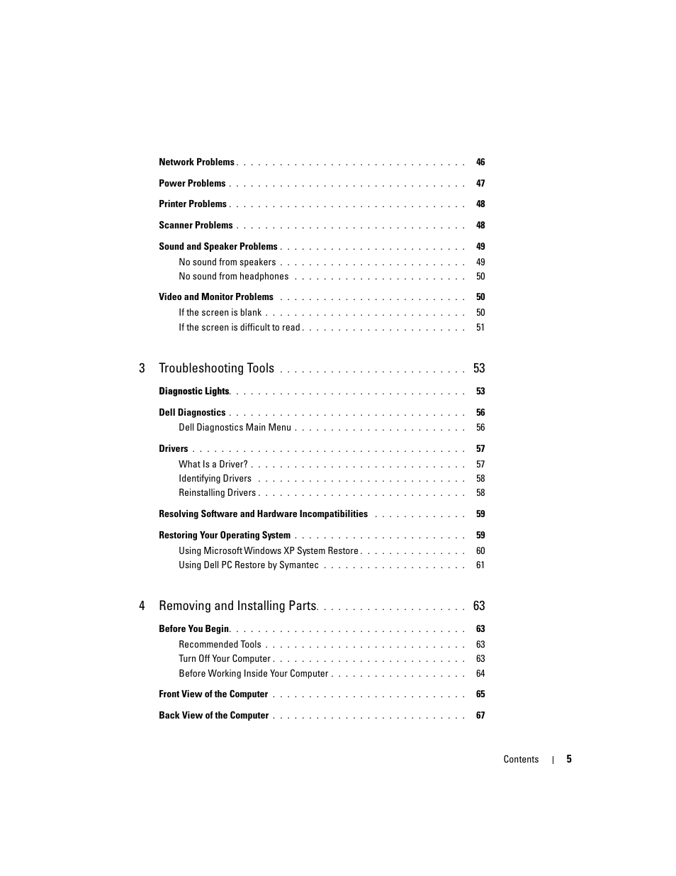 3troubleshooting tools, 4removing and installing parts | Dell Dimension 9150/XPS 400 User Manual | Page 5 / 148