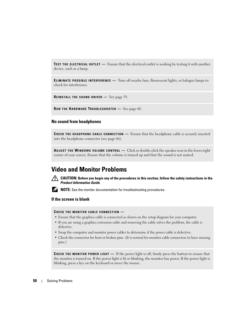 No sound from headphones, Video and monitor problems, If the screen is blank | Dell Dimension 9150/XPS 400 User Manual | Page 50 / 148