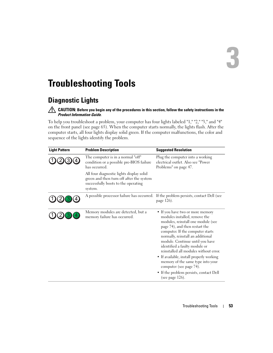 Troubleshooting tools, Diagnostic lights | Dell Dimension 9150/XPS 400 User Manual | Page 53 / 148