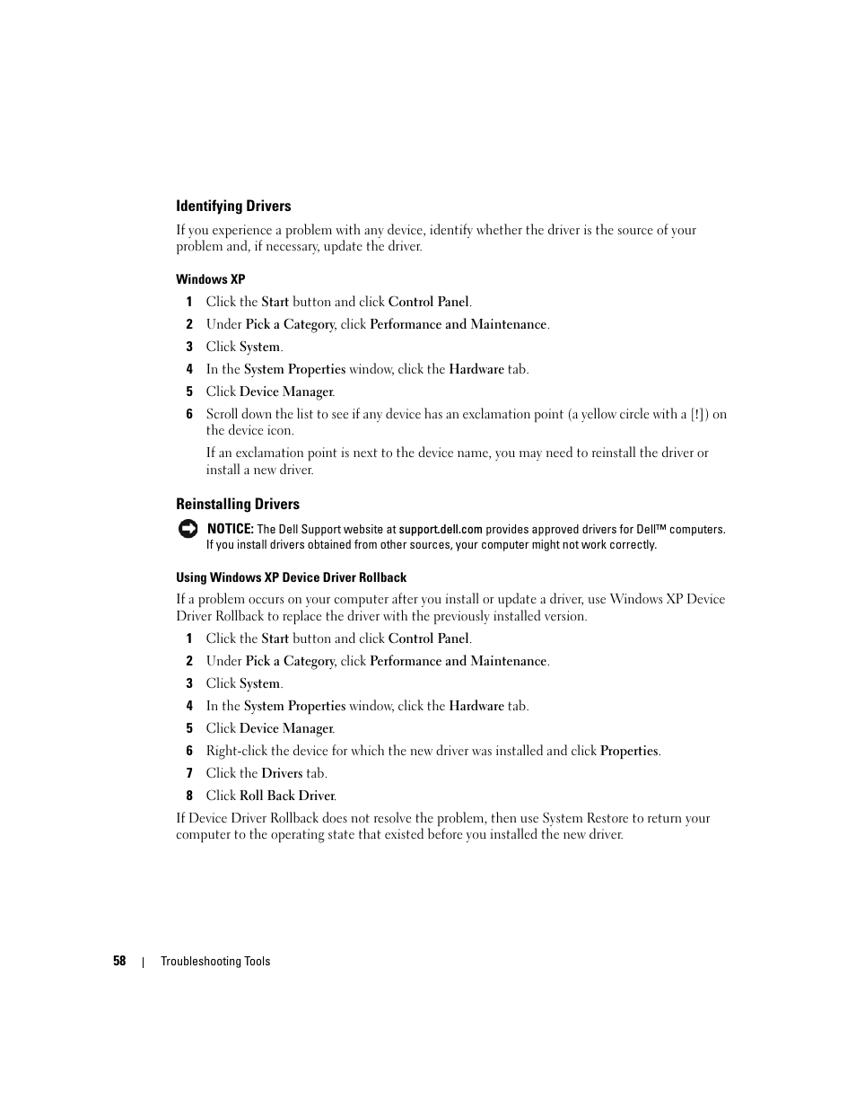 Identifying drivers, Reinstalling drivers | Dell Dimension 9150/XPS 400 User Manual | Page 58 / 148
