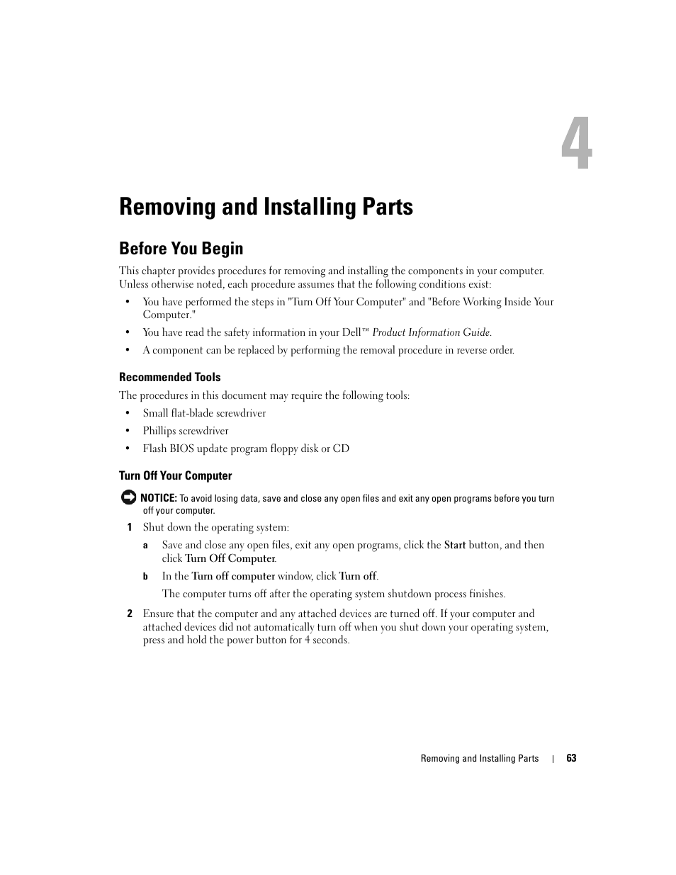 Removing and installing parts, Before you begin, Recommended tools | Turn off your computer | Dell Dimension 9150/XPS 400 User Manual | Page 63 / 148