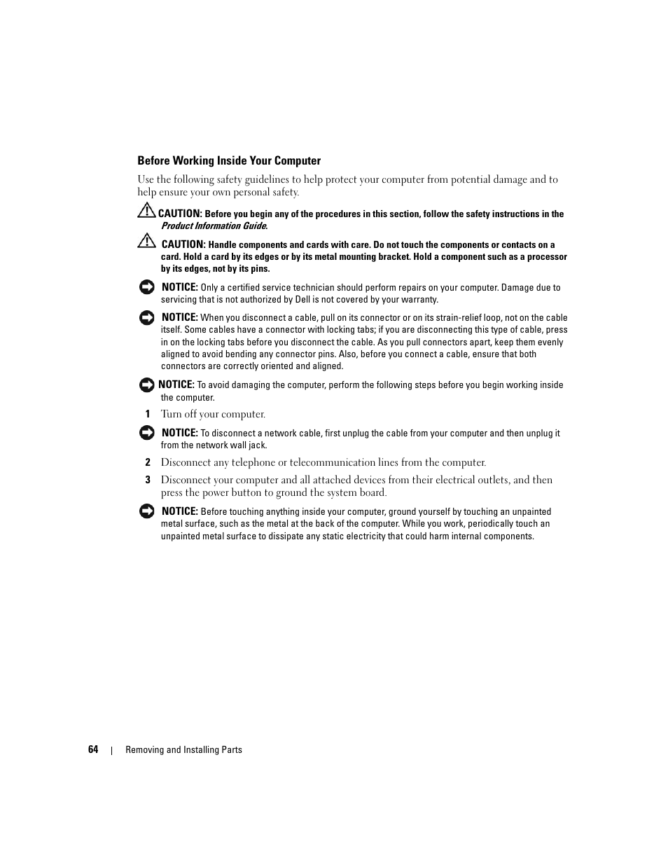 Before working inside your computer | Dell Dimension 9150/XPS 400 User Manual | Page 64 / 148