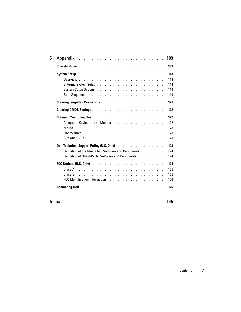 5appendix, Index | Dell Dimension 9150/XPS 400 User Manual | Page 7 / 148