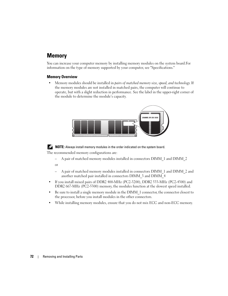 Memory, Memory overview | Dell Dimension 9150/XPS 400 User Manual | Page 72 / 148