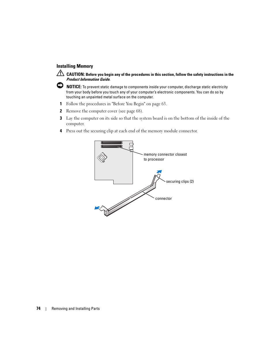 Installing memory | Dell Dimension 9150/XPS 400 User Manual | Page 74 / 148