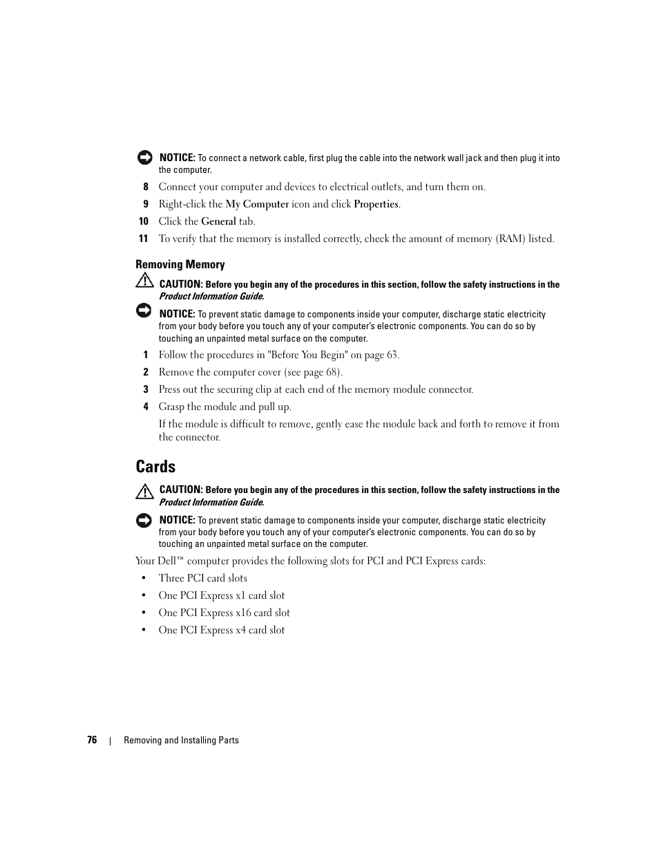 Removing memory, Cards | Dell Dimension 9150/XPS 400 User Manual | Page 76 / 148