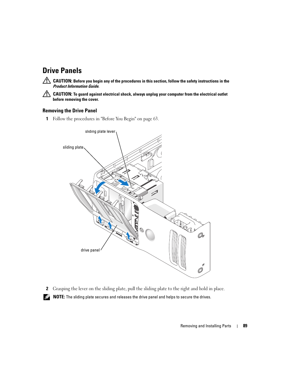 Drive panels, Removing the drive panel | Dell Dimension 9150/XPS 400 User Manual | Page 89 / 148