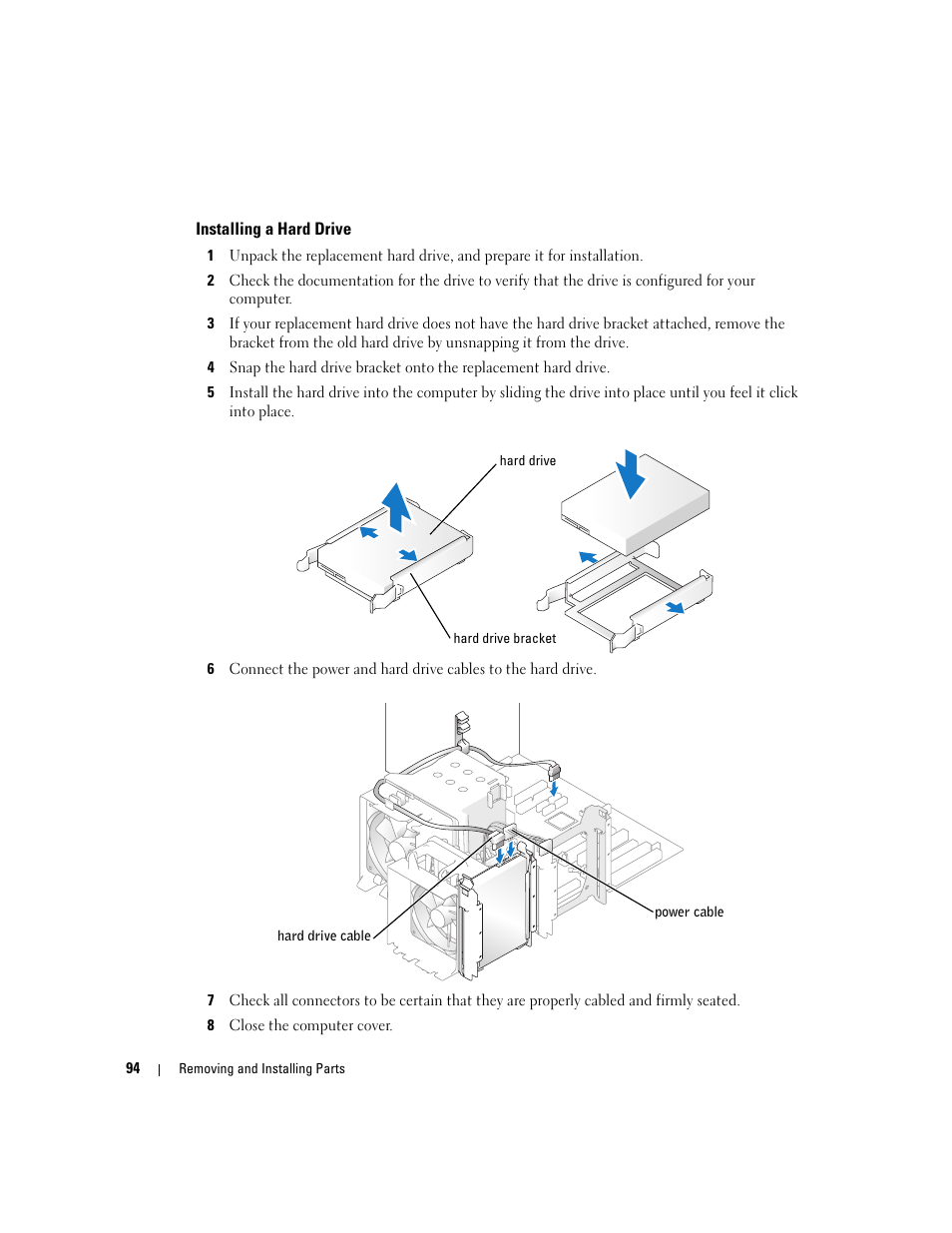 Installing a hard drive | Dell Dimension 9150/XPS 400 User Manual | Page 94 / 148