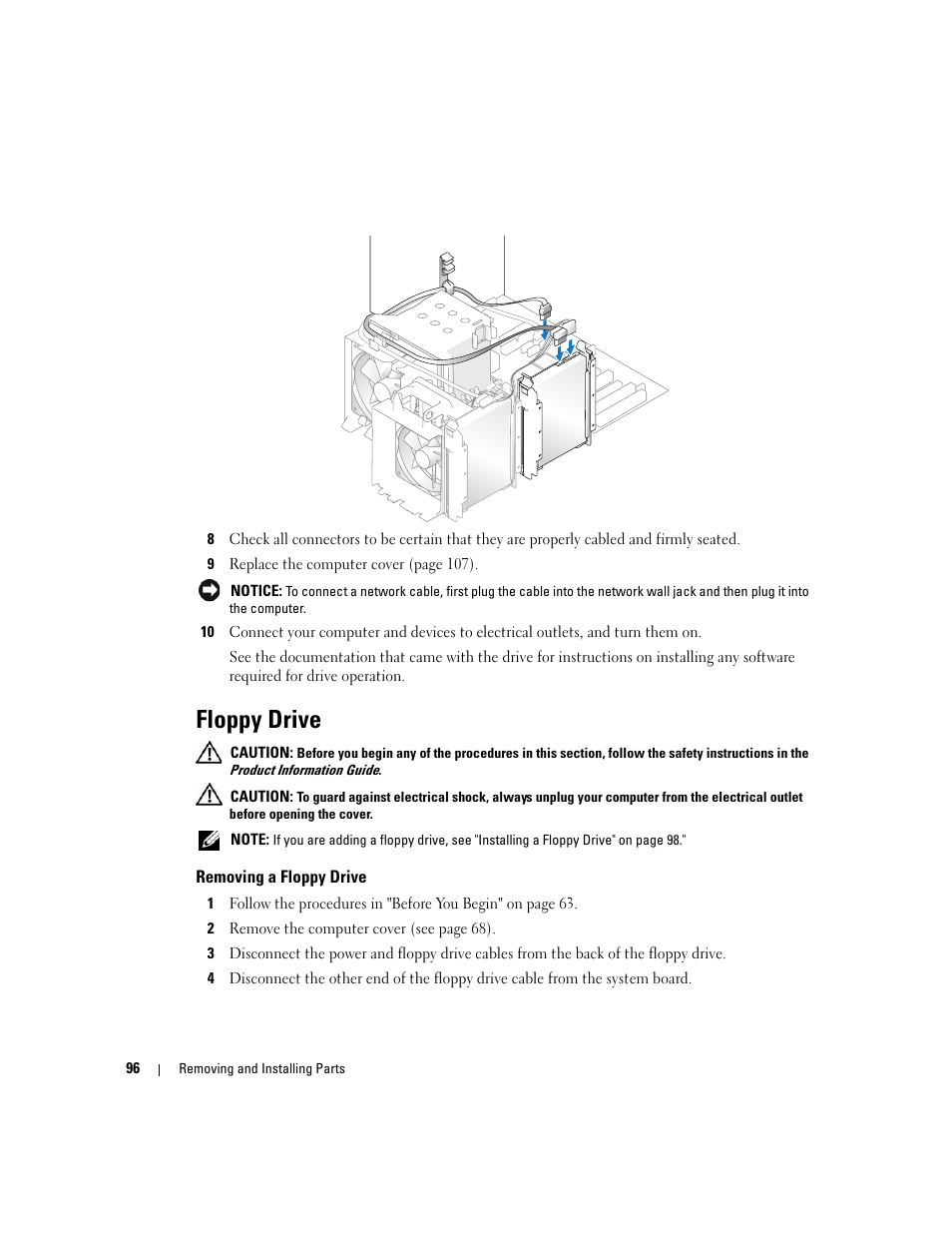 Floppy drive, Removing a floppy drive | Dell Dimension 9150/XPS 400 User Manual | Page 96 / 148
