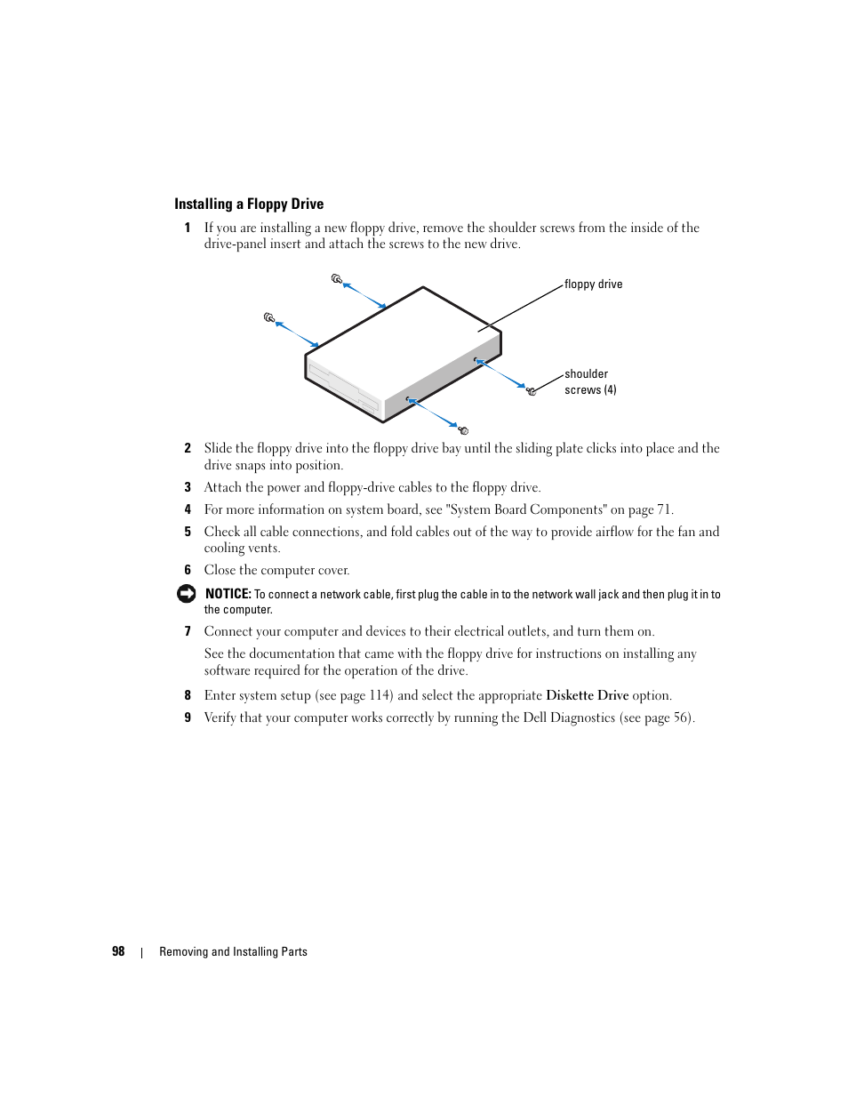 Installing a floppy drive | Dell Dimension 9150/XPS 400 User Manual | Page 98 / 148