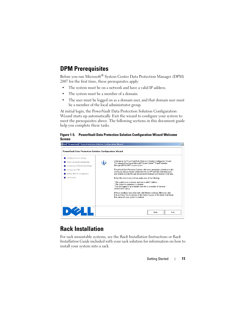 Dpm prerequisites, Rack installation | Dell PowerVault DP500 User Manual | Page 11 / 52