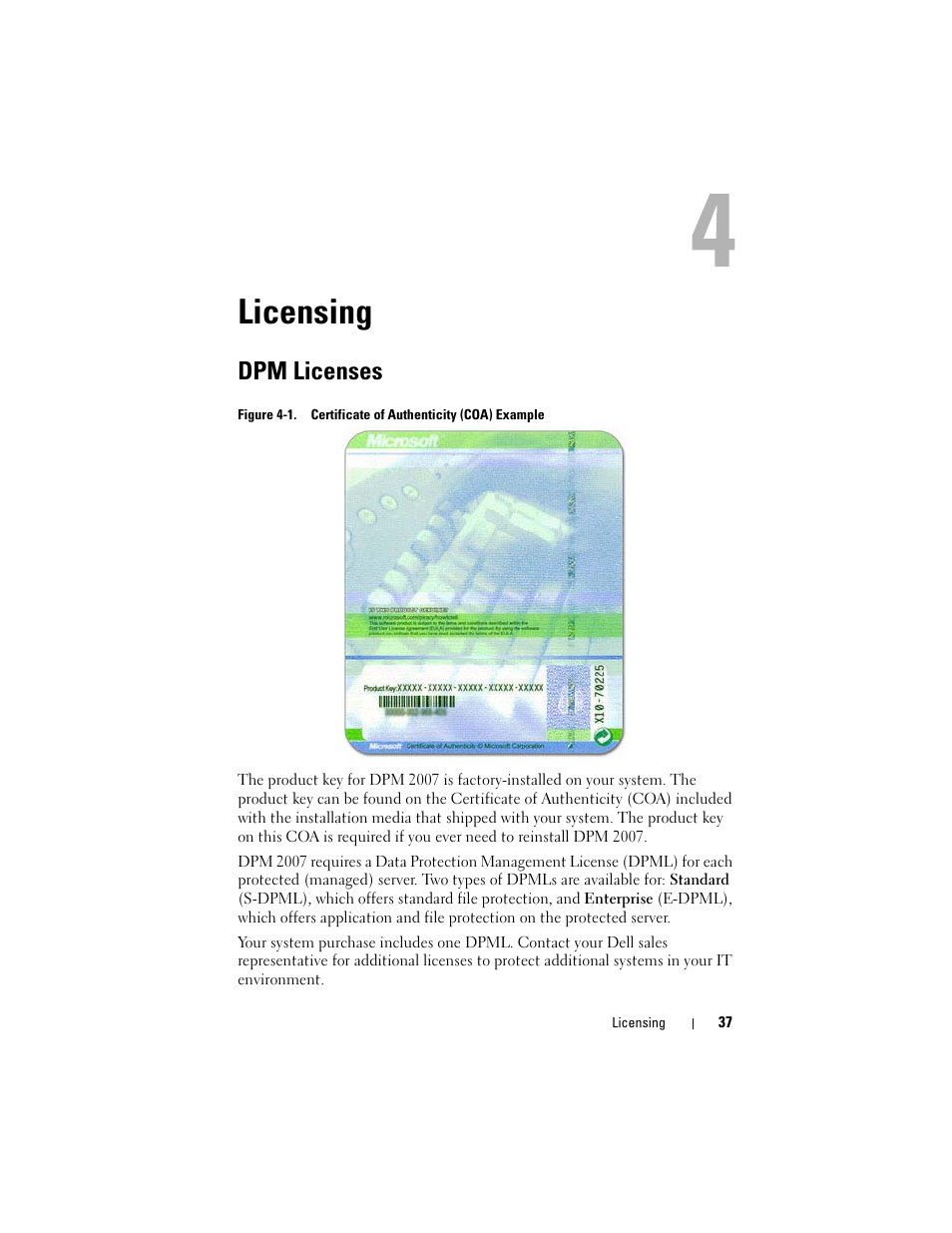 Licensing, Dpm licenses | Dell PowerVault DP500 User Manual | Page 37 / 52