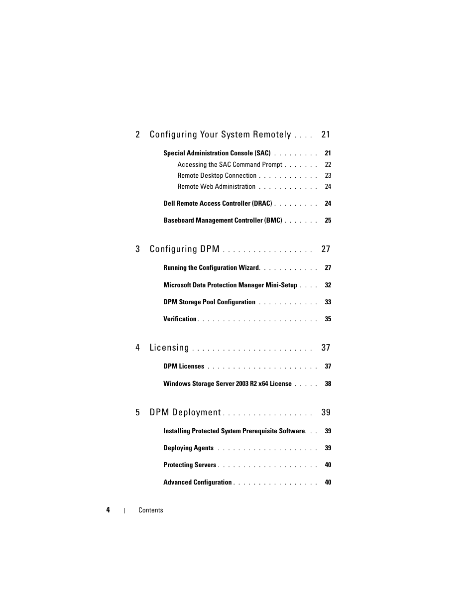 2configuring your system remotely, 3configuring dpm, 4licensing | 5dpm deployment | Dell PowerVault DP500 User Manual | Page 4 / 52