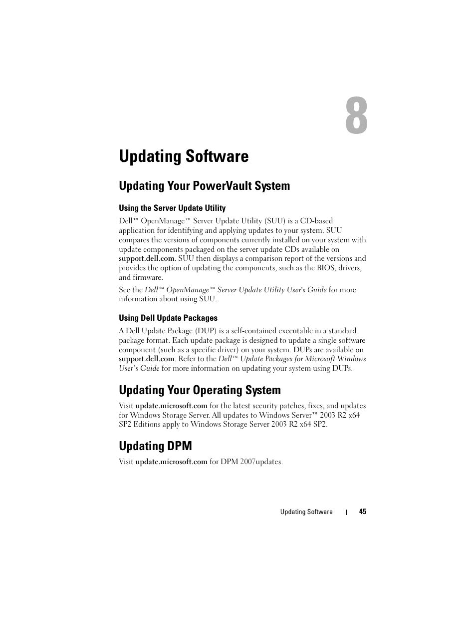 Updating software, Updating your powervault system, Updating your operating system | Updating dpm | Dell PowerVault DP500 User Manual | Page 45 / 52