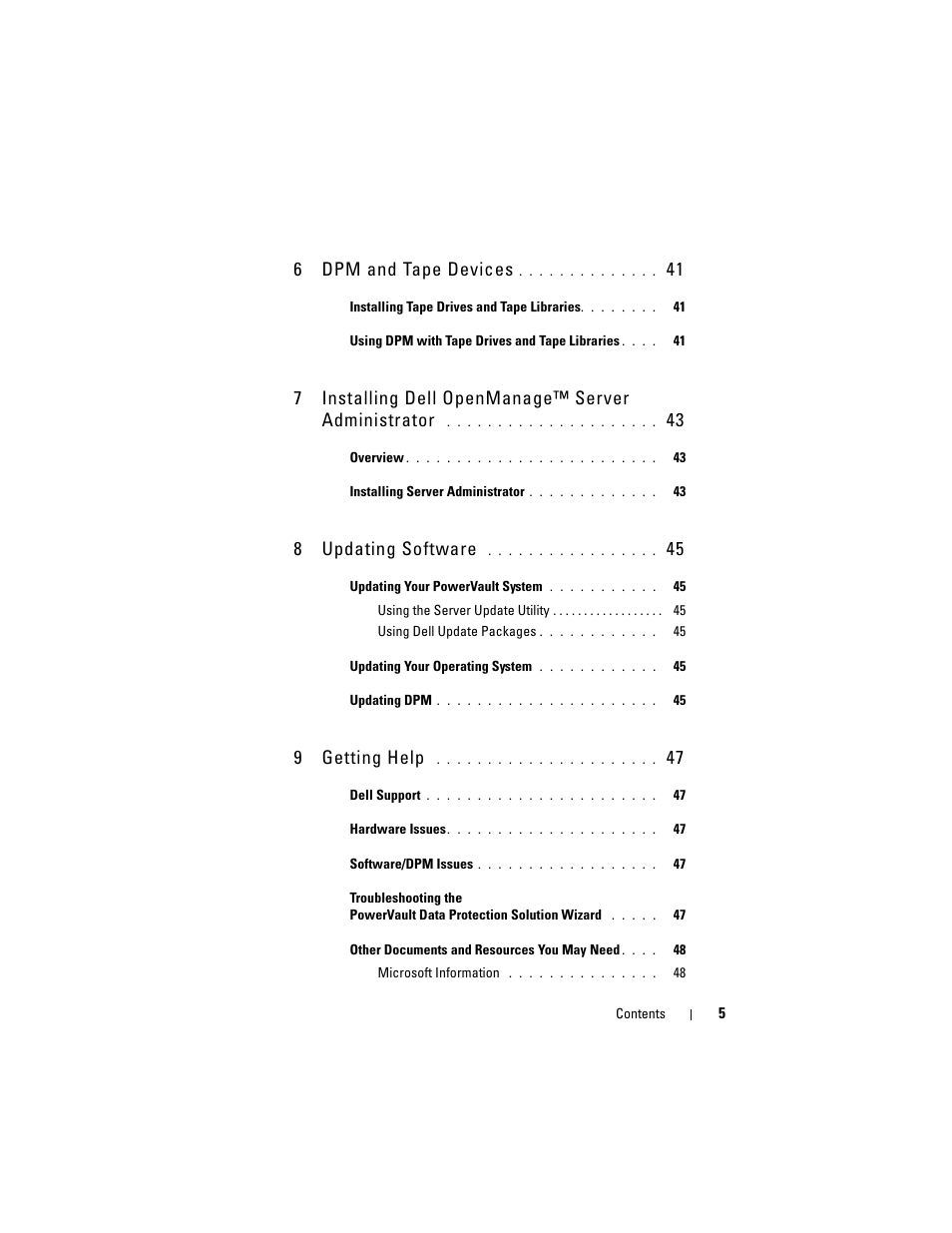 6dpm and tape devices, 7installing dell openmanage™ server administrator, 8updating software | 9getting help | Dell PowerVault DP500 User Manual | Page 5 / 52