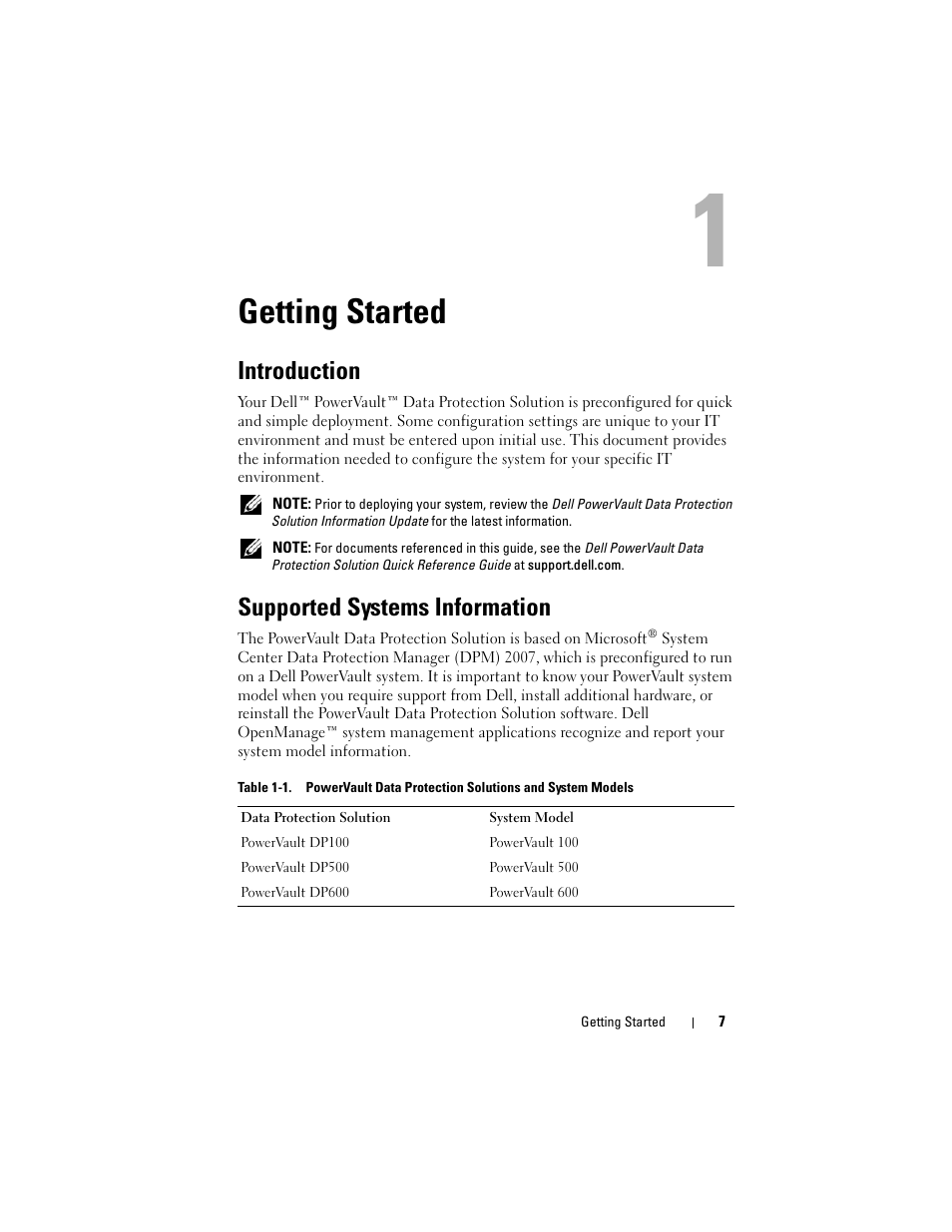 Getting started, Introduction, Supported systems information | Dell PowerVault DP500 User Manual | Page 7 / 52