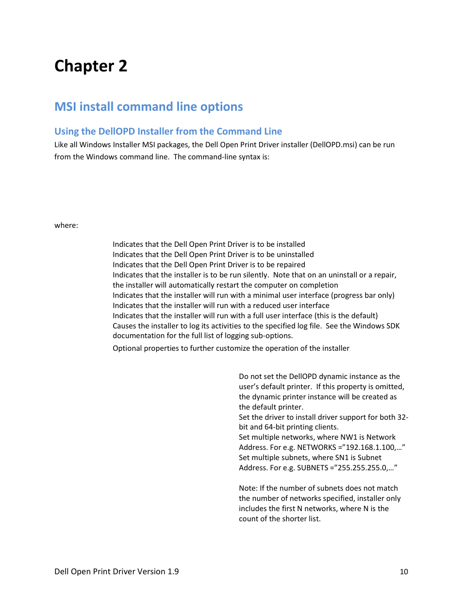 Msi install command line options, Using the dellopd installer from the command line, Chapter 2 | Dell Open Print Driver User Manual | Page 10 / 76