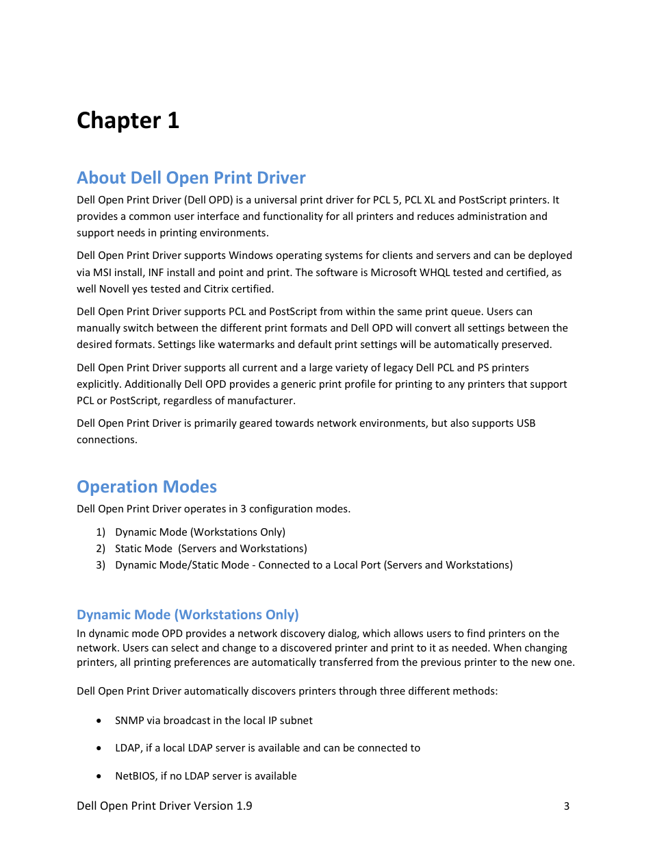 About dell open print driver, Operation modes, Dynamic mode (workstations only) | About dell open print driver operation modes, Chapter 1 | Dell Open Print Driver User Manual | Page 3 / 76