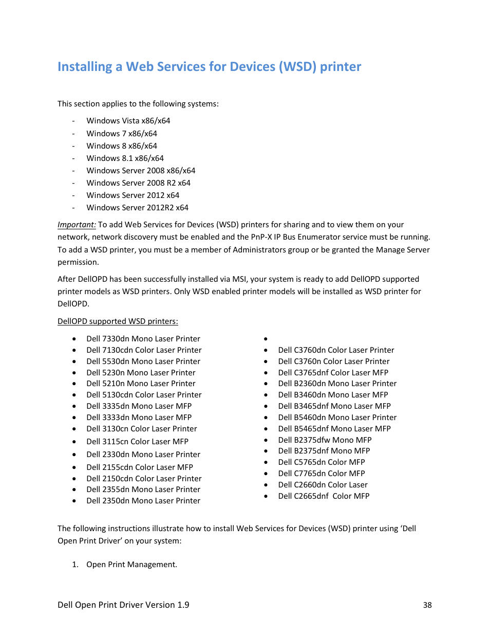 Installing a web services for device (wsd) printer | Dell Open Print Driver User Manual | Page 38 / 76