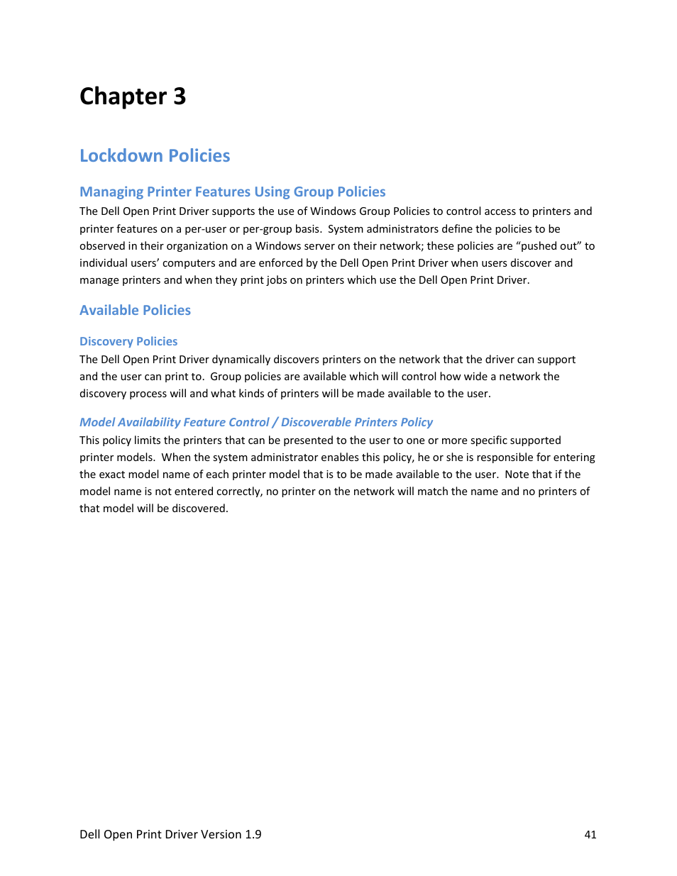 Lockdown policies, Managing printer features using group policies, Available policies | Discovery policies, Chapter 3 | Dell Open Print Driver User Manual | Page 41 / 76