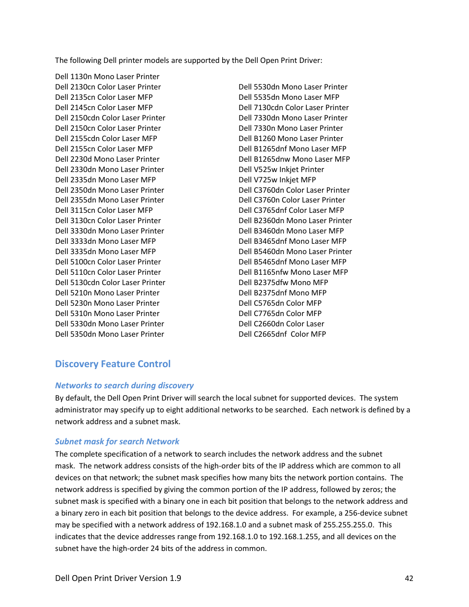 Discovery feature control, Networks to search during discovery, Subnet mask for search network | Dell Open Print Driver User Manual | Page 42 / 76