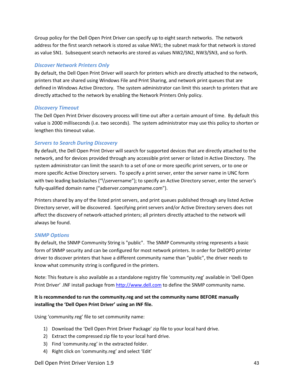 Discover network printers only, Discovery timeout, Servers to search during discovery | Snmp options | Dell Open Print Driver User Manual | Page 43 / 76