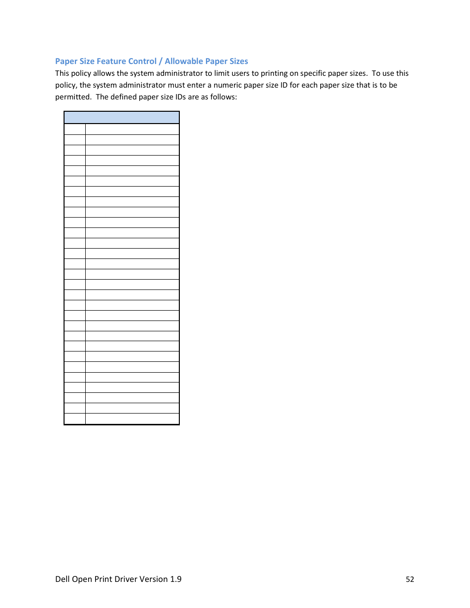 Paper size feature control / allowable paper sizes | Dell Open Print Driver User Manual | Page 52 / 76