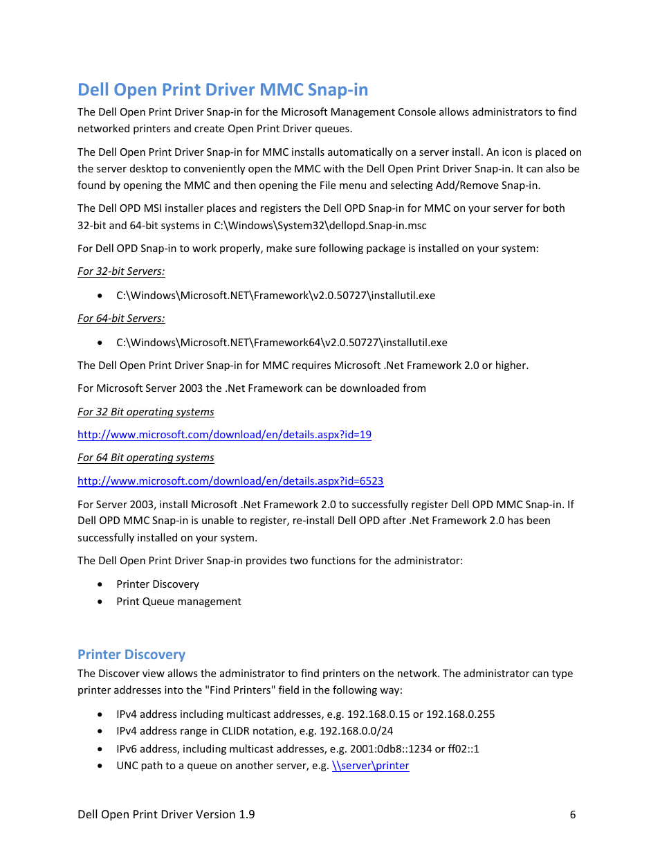 Dell open print driver mmc snap-in, Printer discovery | Dell Open Print Driver User Manual | Page 6 / 76