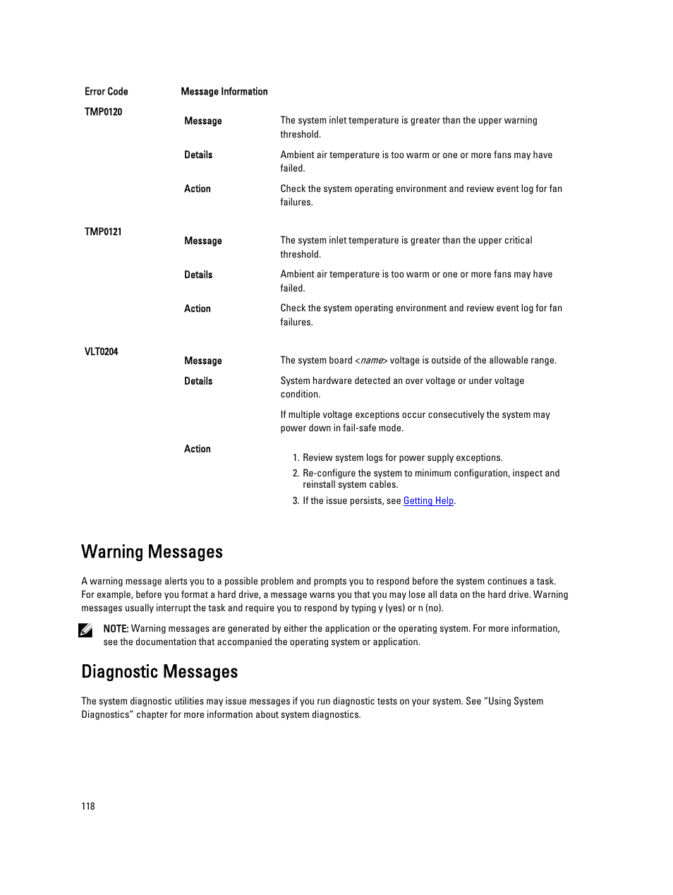Warning messages, Diagnostic messages | Dell Powervault DL2300 User Manual | Page 118 / 121