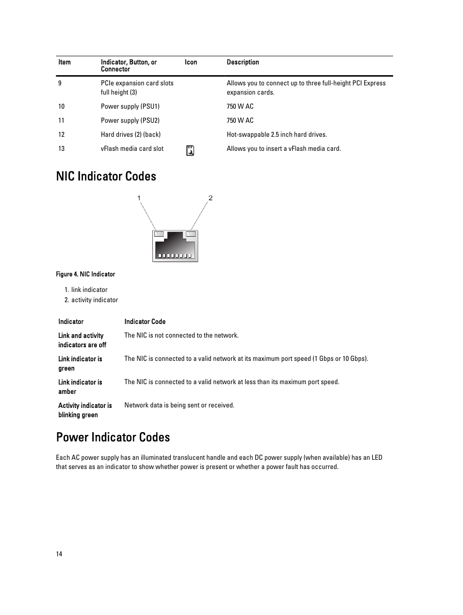 Nic indicator codes, Power indicator codes | Dell Powervault DL2300 User Manual | Page 14 / 121