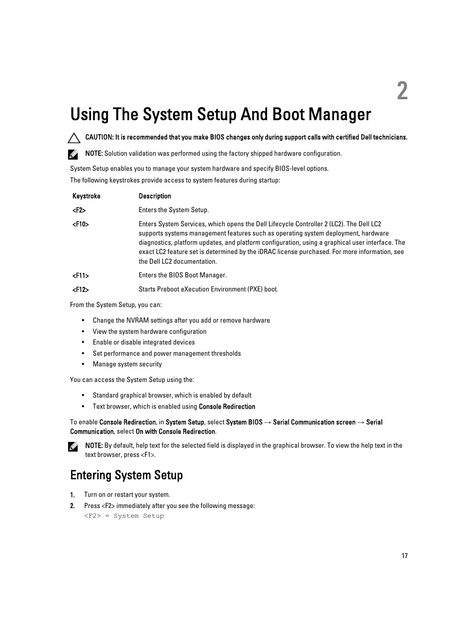 Using the system setup and boot manager, Entering system setup, 2 using the system setup and boot manager | Dell Powervault DL2300 User Manual | Page 17 / 121