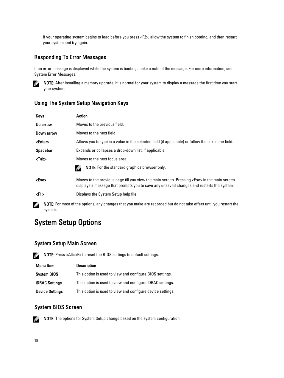 Responding to error messages, Using the system setup navigation keys, System setup options | System setup main screen, System bios screen | Dell Powervault DL2300 User Manual | Page 18 / 121