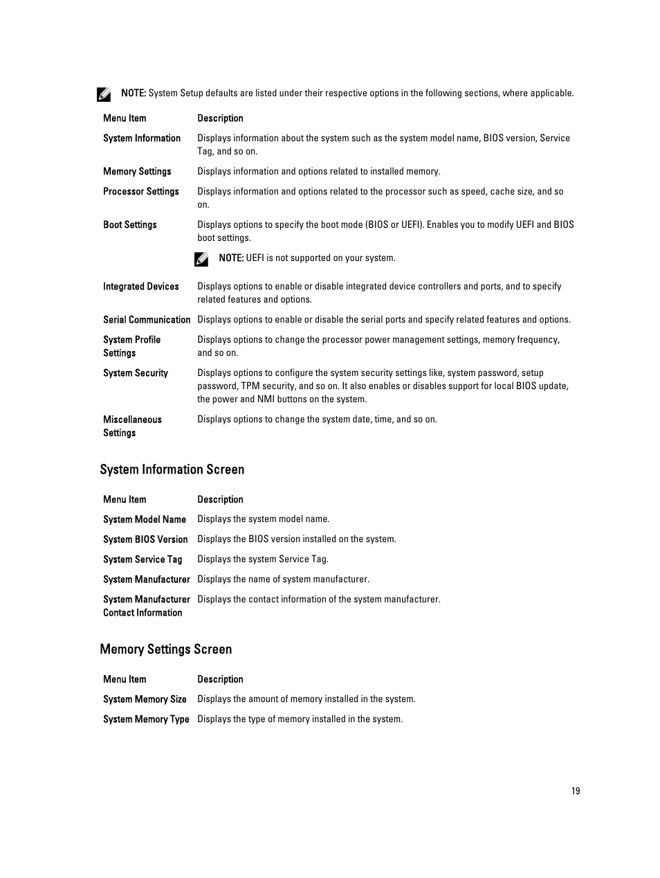 System information screen, Memory settings screen | Dell Powervault DL2300 User Manual | Page 19 / 121