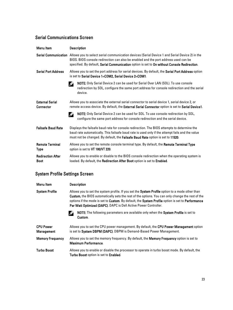 Serial communications screen, System profile settings screen | Dell Powervault DL2300 User Manual | Page 23 / 121