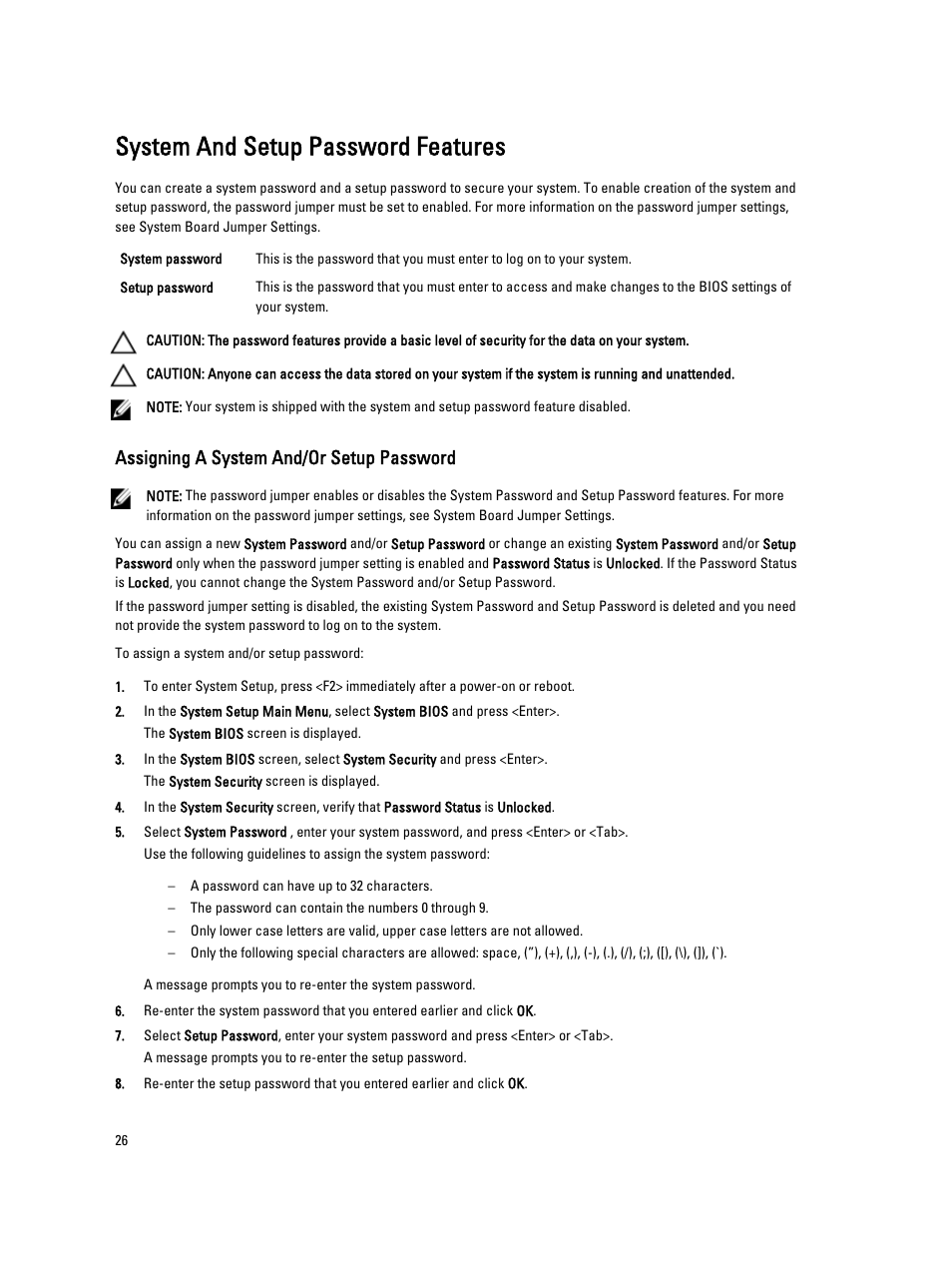 System and setup password features, Assigning a system and/or setup password | Dell Powervault DL2300 User Manual | Page 26 / 121