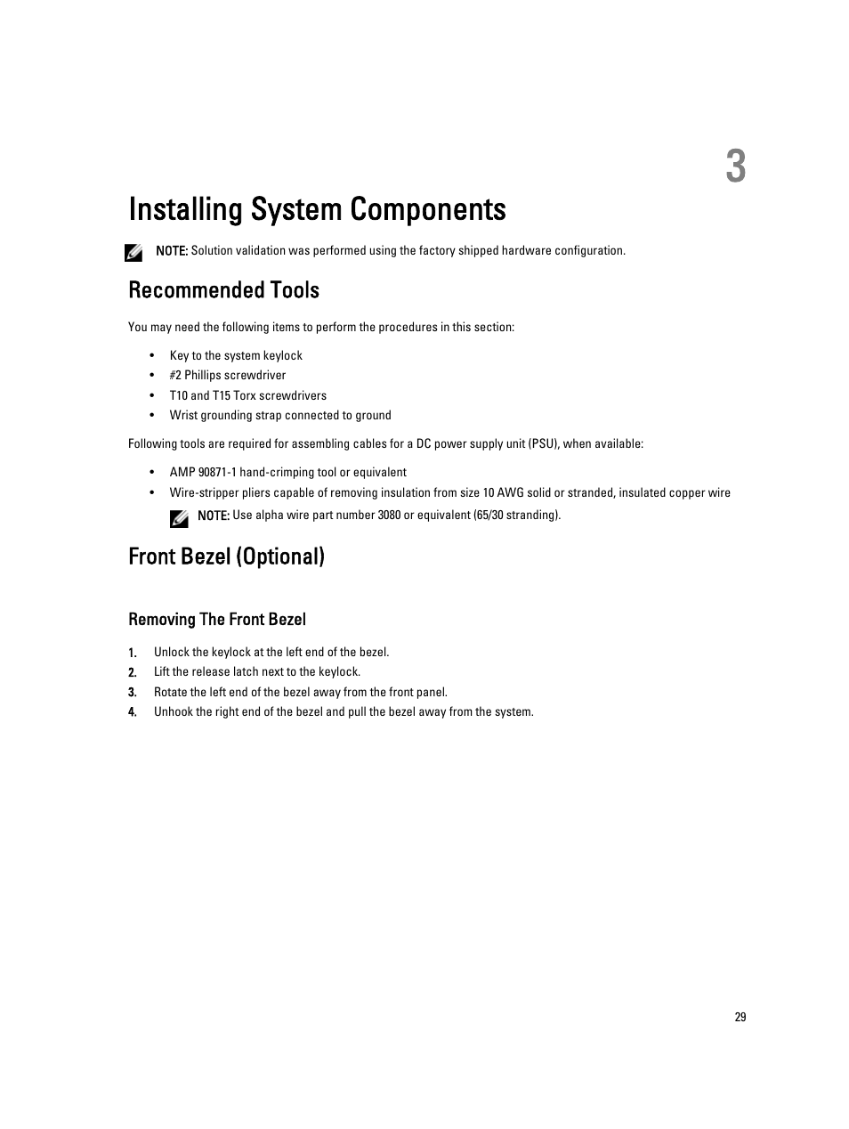 Installing system components, Recommended tools, Front bezel (optional) | Removing the front bezel, 3 installing system components | Dell Powervault DL2300 User Manual | Page 29 / 121