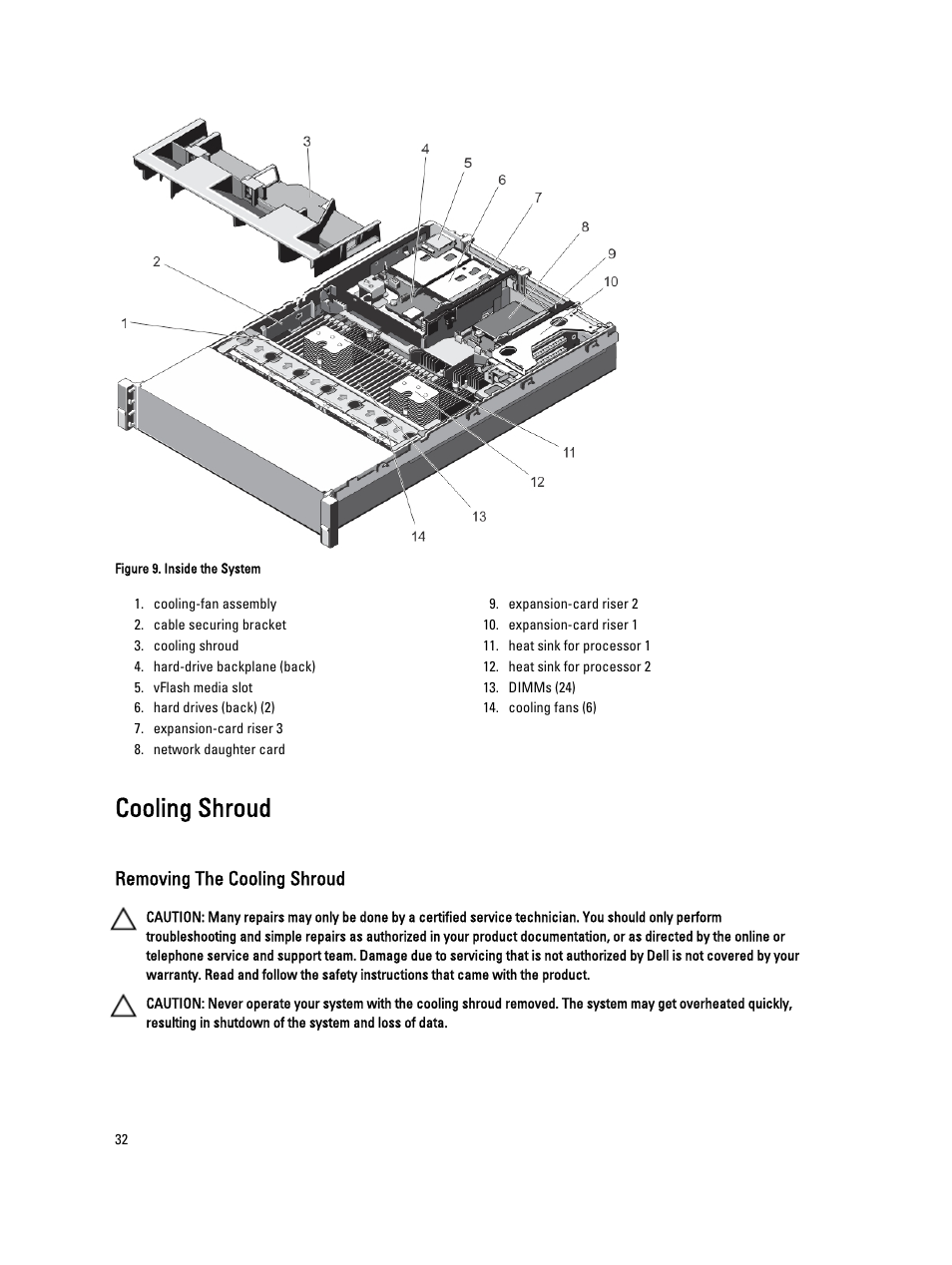 Cooling shroud, Removing the cooling shroud | Dell Powervault DL2300 User Manual | Page 32 / 121