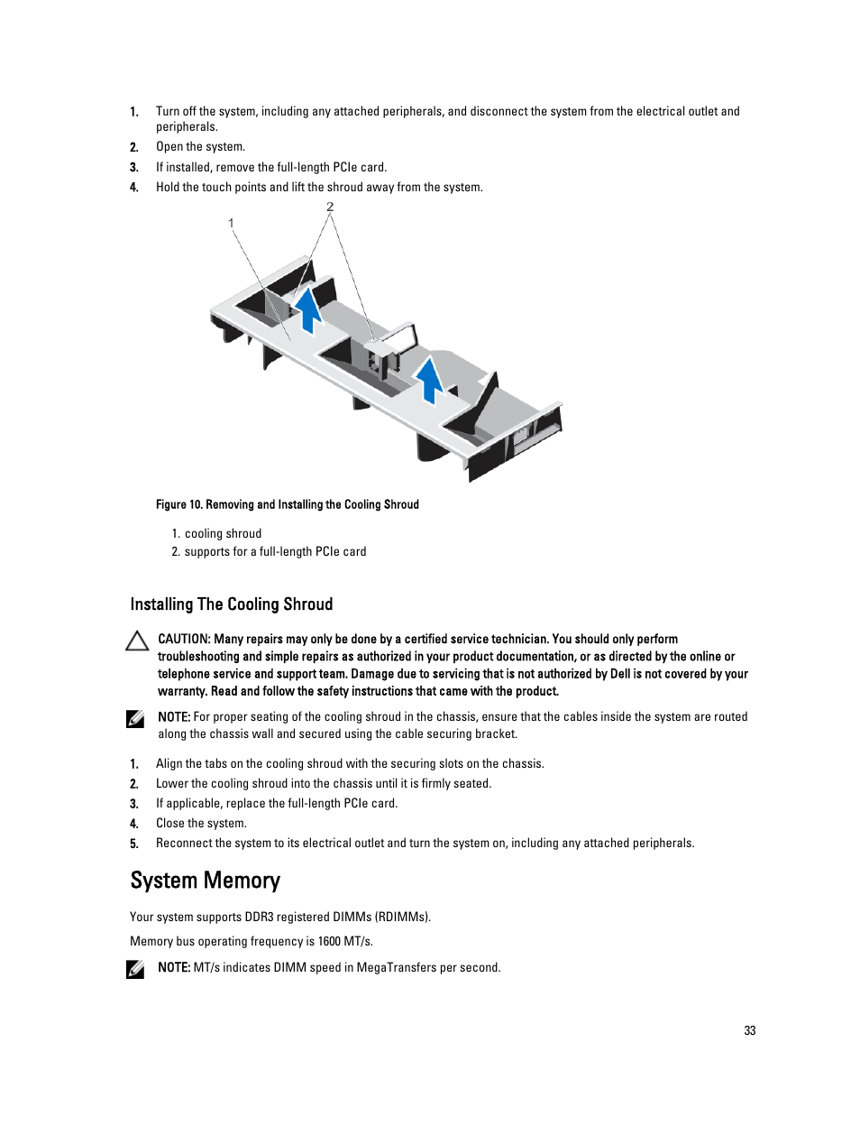 Installing the cooling shroud, System memory | Dell Powervault DL2300 User Manual | Page 33 / 121