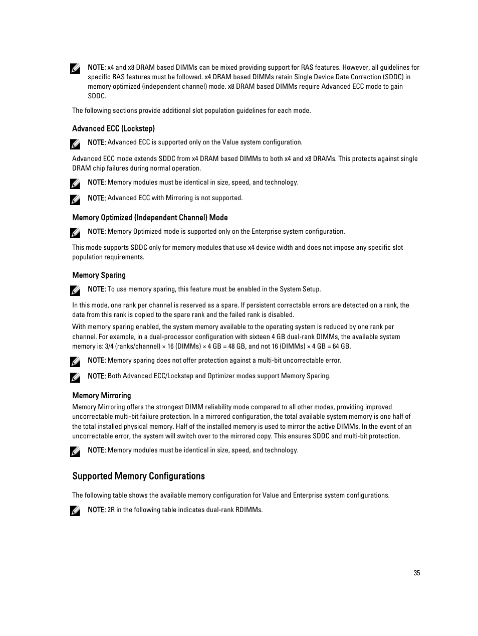 Supported memory configurations | Dell Powervault DL2300 User Manual | Page 35 / 121