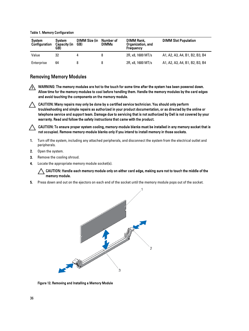 Removing memory modules | Dell Powervault DL2300 User Manual | Page 36 / 121