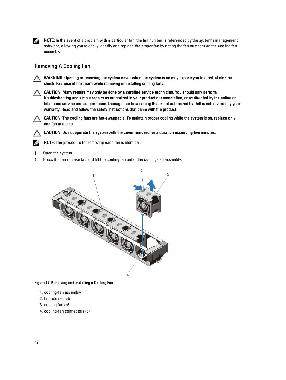 Removing a cooling fan | Dell Powervault DL2300 User Manual | Page 42 / 121
