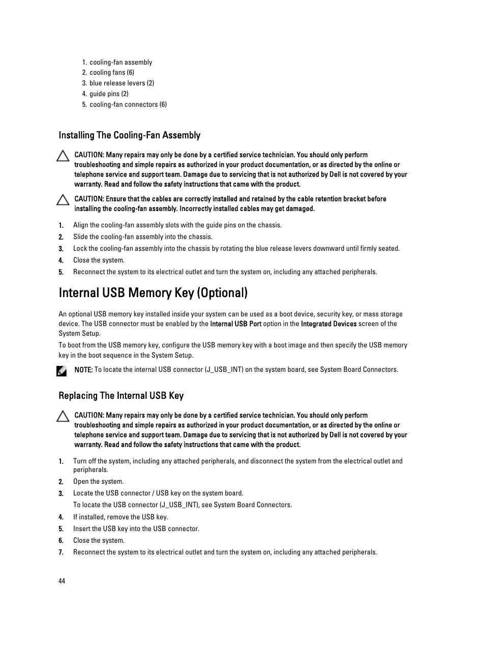 Installing the cooling-fan assembly, Internal usb memory key (optional), Replacing the internal usb key | Dell Powervault DL2300 User Manual | Page 44 / 121