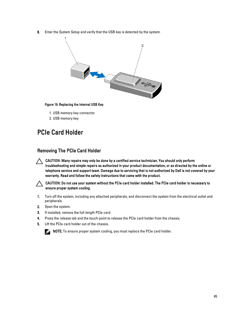 Pcie card holder, Removing the pcie card holder | Dell Powervault DL2300 User Manual | Page 45 / 121