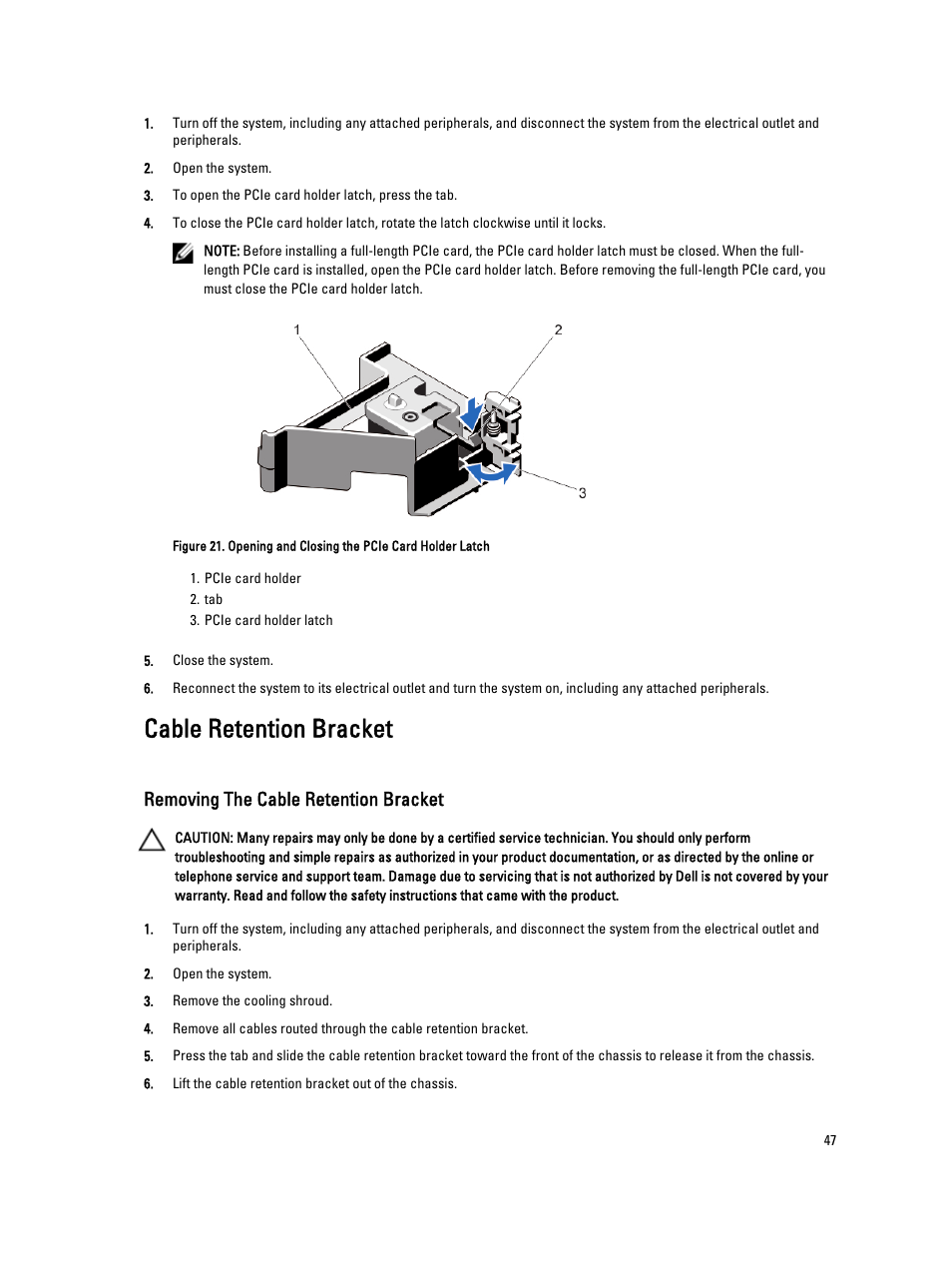 Cable retention bracket, Removing the cable retention bracket | Dell Powervault DL2300 User Manual | Page 47 / 121