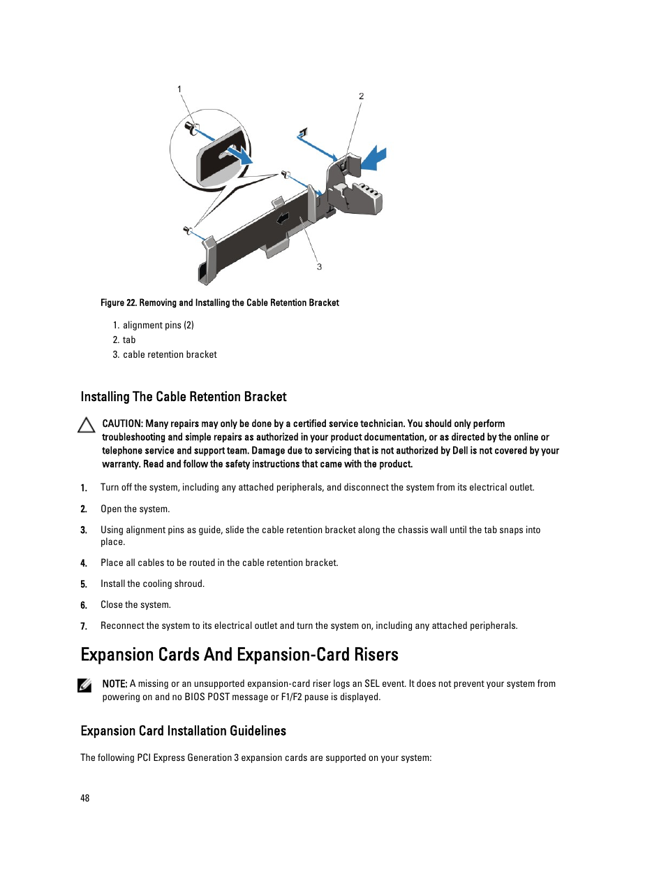 Installing the cable retention bracket, Expansion cards and expansion-card risers, Expansion card installation guidelines | Dell Powervault DL2300 User Manual | Page 48 / 121