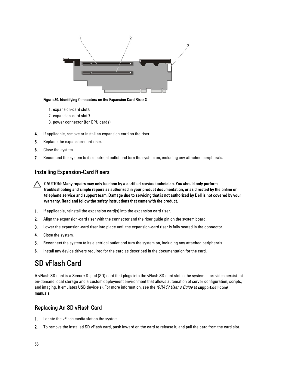Installing expansion-card risers, Sd vflash card, Replacing an sd vflash card | Dell Powervault DL2300 User Manual | Page 56 / 121